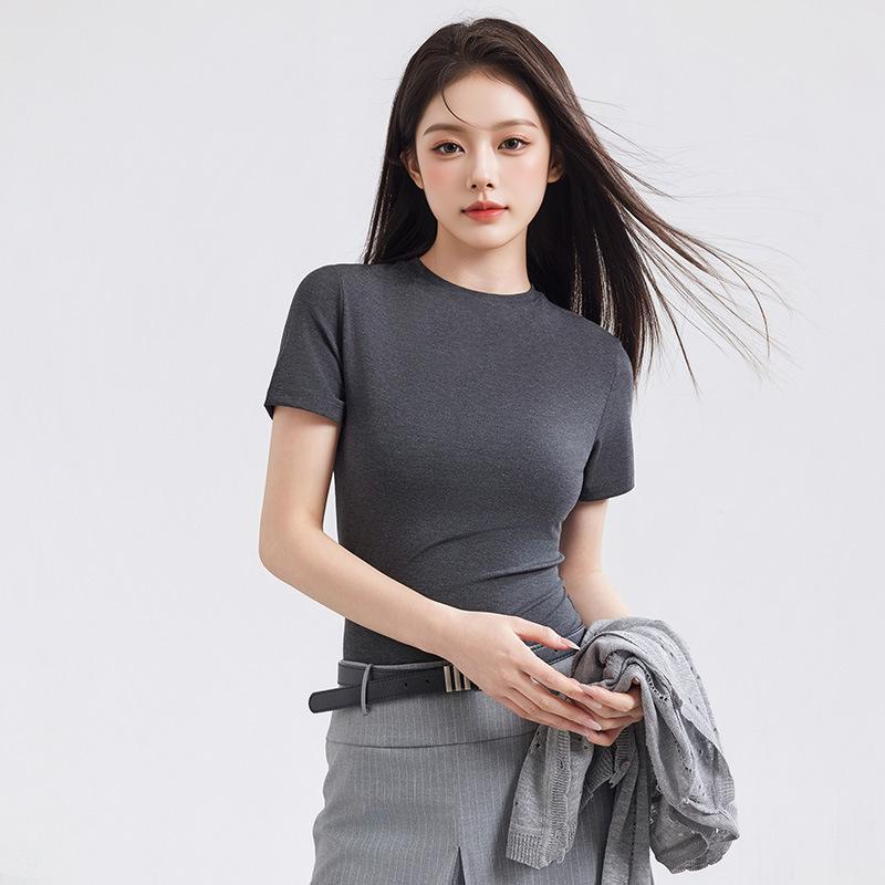 Women s Elegant Tencel Lyocell Slimming Round Neck Short Sleeve Top M (40-50 kg)