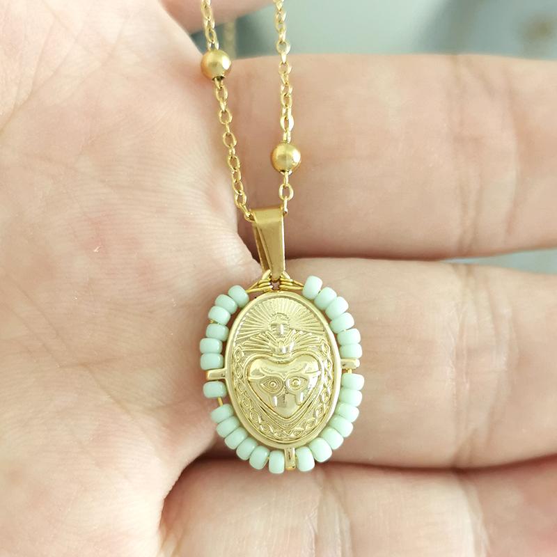 QMHJE Virgin Mary Pendant Charm Necklace Women Cross Scared Heart Jesus Choker Seed Beads Stainless Steel Chain Gold Color Mom