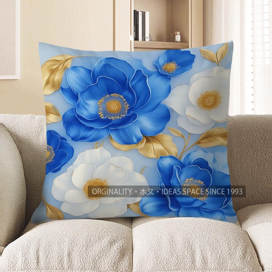 Home Decor Blue & White Flowers With Gold Accents Pillow Cover Pattern Cushion Cover Suitable For Sofa Bedroom Car Pillow Cover