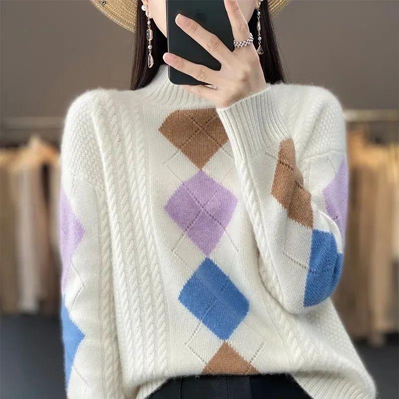 

Женский осенне-зимний модный свитер жаккардового дизайна, свободный женский полувысокий воротник, длинный рукав, трикотажный топ для женщин 3XL белый