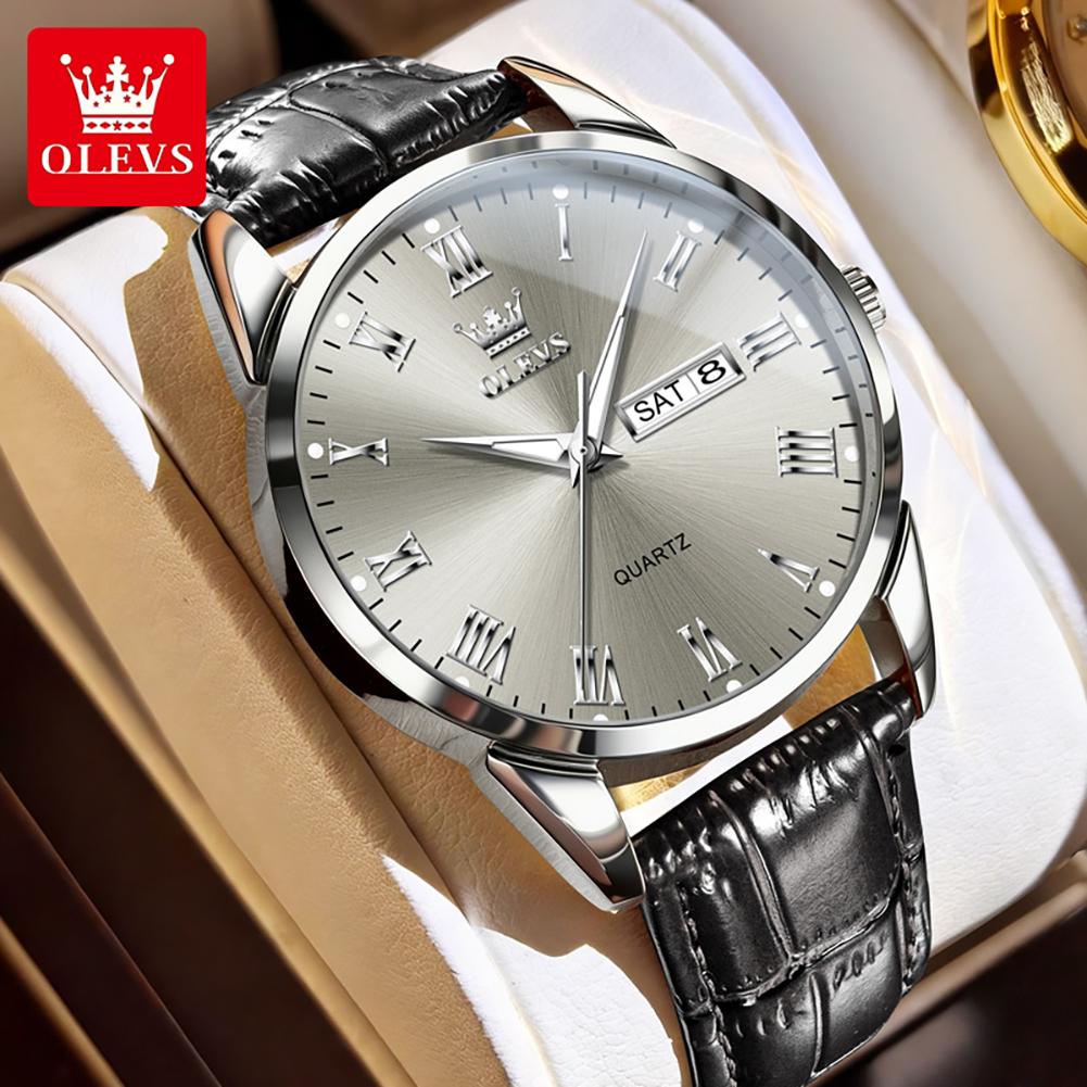 OLEVS Luxury Quartz Watches for Man Original New Leather Strap Roman scale Simple Dual Calendar Men's Business Wristwatches 5892