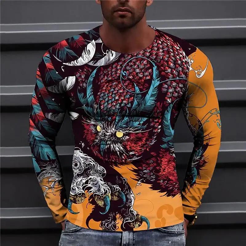 Animals Vintage 3D Print Summer Men's Round Neck T-shirt Casual Long Sleeve Oversized T Shirt Fashion Pullover Men Clothing