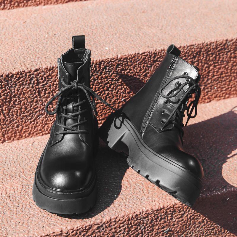 New Men'S Shoes Spring And Autumn Casual Big Head Leather Boots Thick Sole Heightening High Top Leather Shoes Martin Boots 22317-J