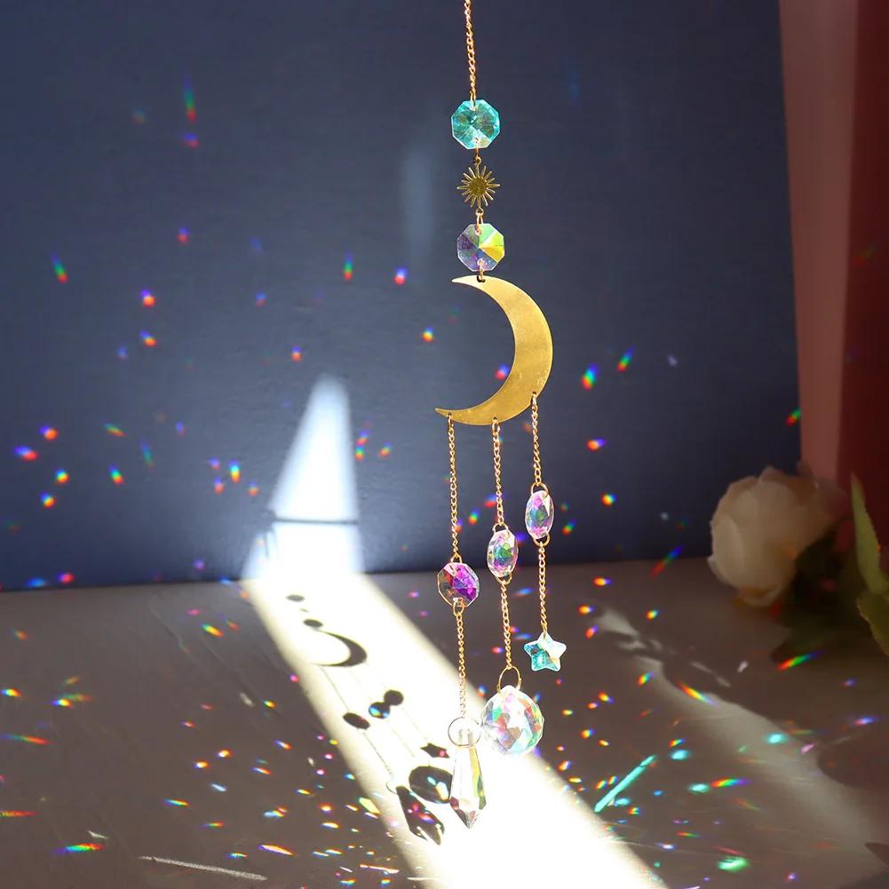 Crystal Wind Chime Moon Sun Catcher Diamond Prisms Pendant Dream Catcher Rainbow Chaser Hanging Drop Home Garden Decor Windchime