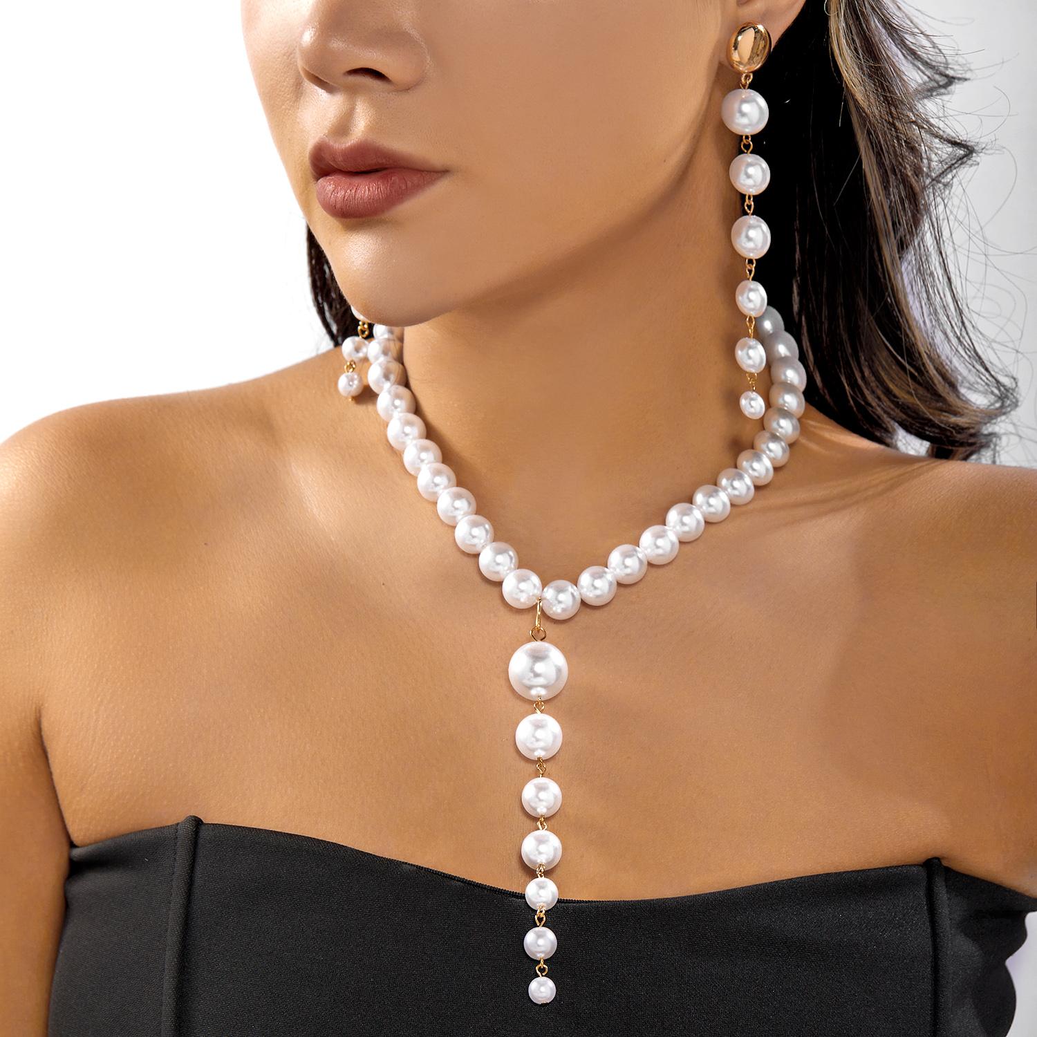 

Fashion Minimalist Imitation Pearl Long Tassel Y-Shaped Necklace Earrings for Women Trend Elegant Wedding Party Jewelry Set Gift