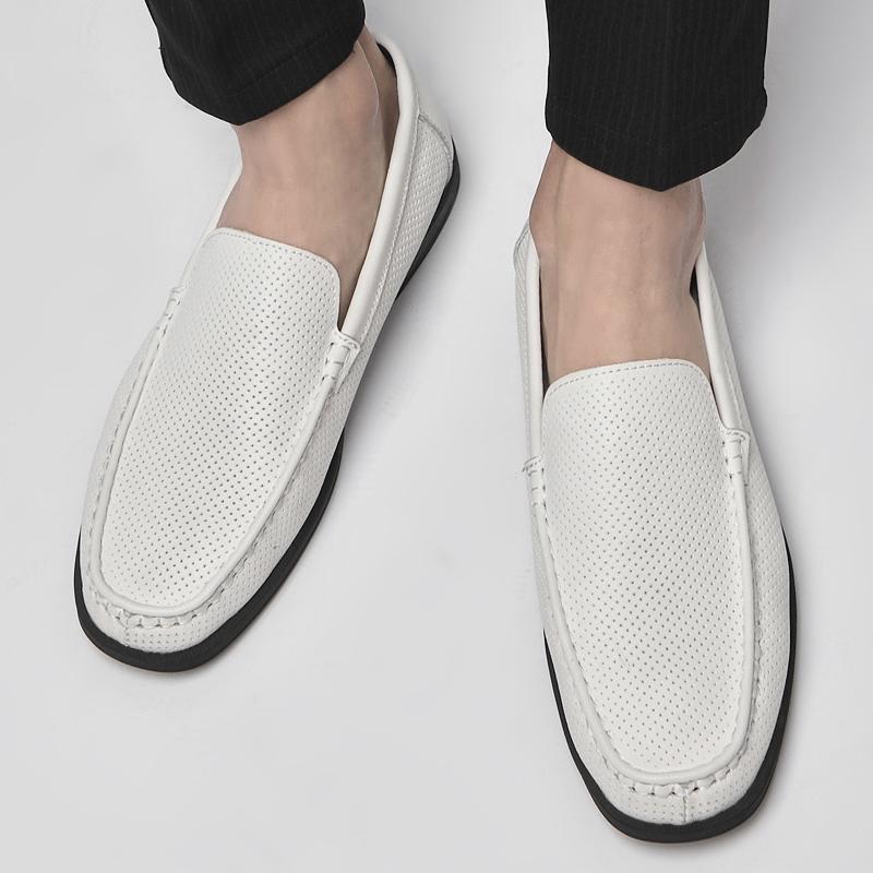 Jarní Perforovaná Prodyšná Síťovina Lehké Neformální Bílé Boty z Pravé Kůže Pohodlné Měkké Podrážky Baleríny Nazouvací Pánské Boty
