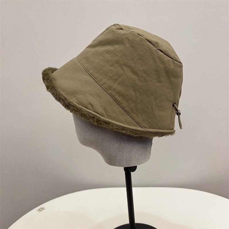 Nylon Waterproof Velvet External Drawstring Front Long Rear Short Basin Hat Women's Winter Literary and Leisure Warm Bucket Hat