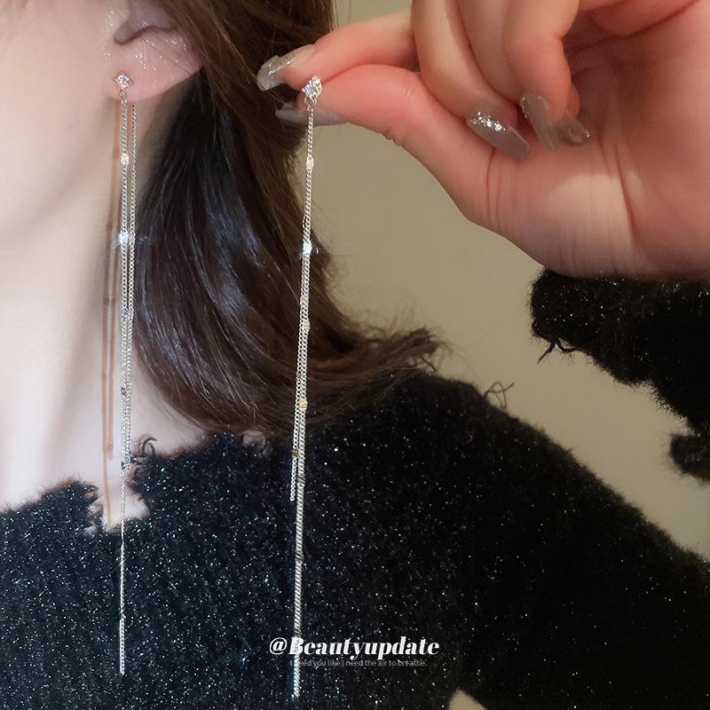 Zircon long fringed earrings temperament stud earrings women's niche personality design earrings light luxury