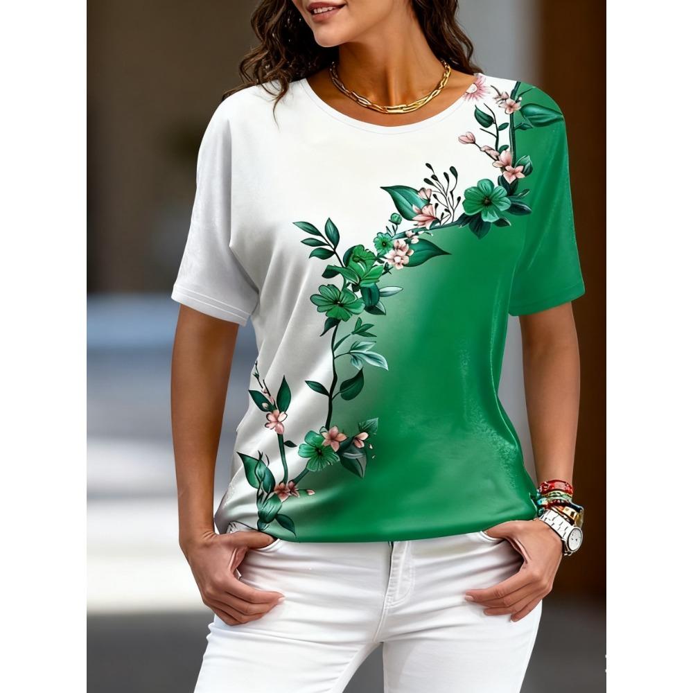 Tricouri de damă mărime mare XL-7XL Tricou de damă cu gât rotund, la modă, cu patchwork floral și imprimeu colorat, cu mânecă scurtă