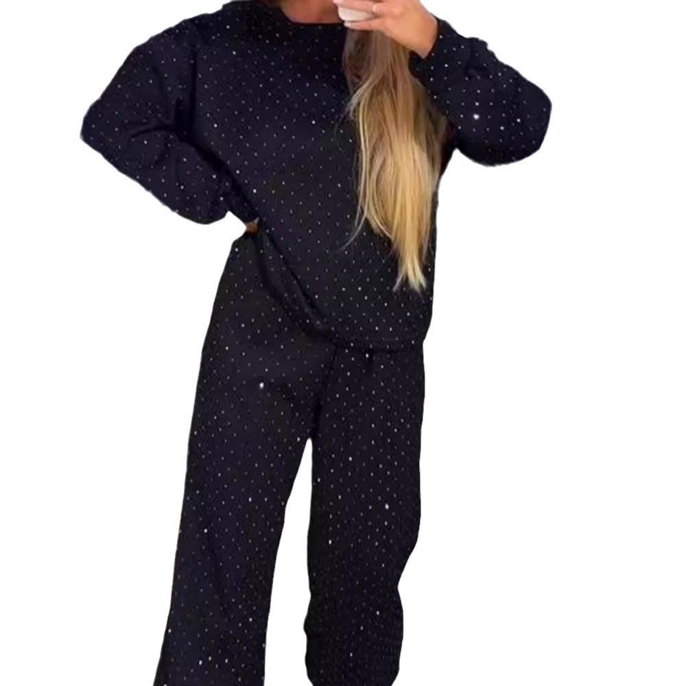 Set casual de toamnă/iarnă pentru femei europene/americane 2025 din două piese: Gât Rotund, Mânecă Lungă, Aplicat la Cald, Manșete cu Șnur la Glezne.