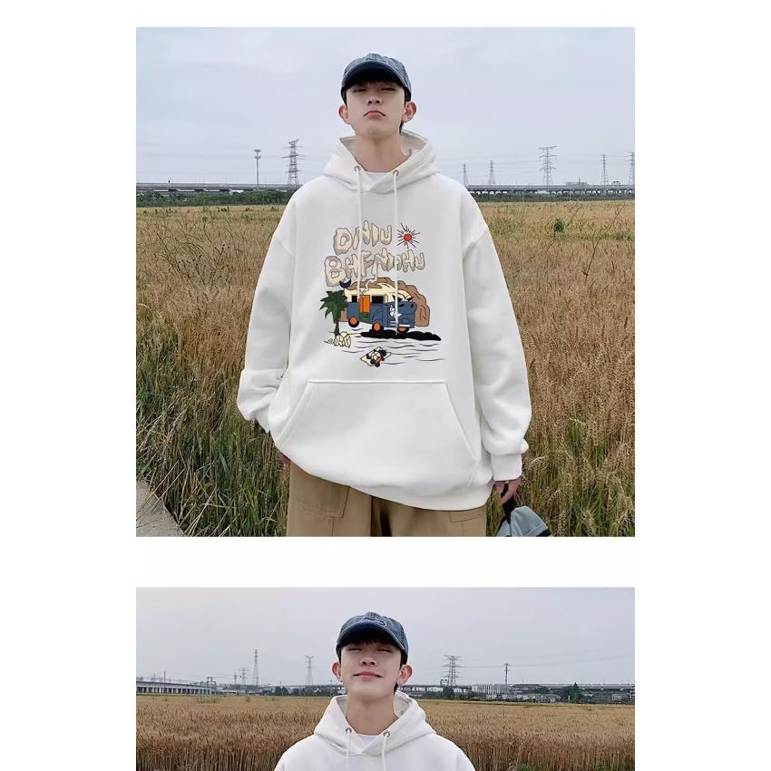 Herrtröja med huva, avslappnad, lös, trendig topp, tryckt med bokstäver, allmatchande jacka