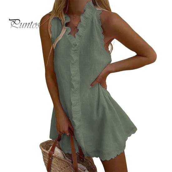 Breathable Summer Dress Ruffle Mini for Women, Sleeveless V Neck Cotton Skirt Linen Short Dress, Boho Beach Vacation Casual A-Line Sundress Bohemian