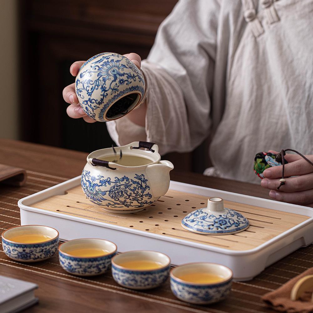 Beige Blue and White Ru Kiln Travel Tea Set Portable Express Cup One Pot Three Cups Set Company Gift Outdoor