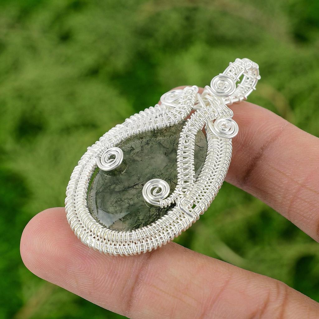Daughters Day Deal 925 Silver Solar Moss Agate Gemstone Wire Wrapped New Pendant