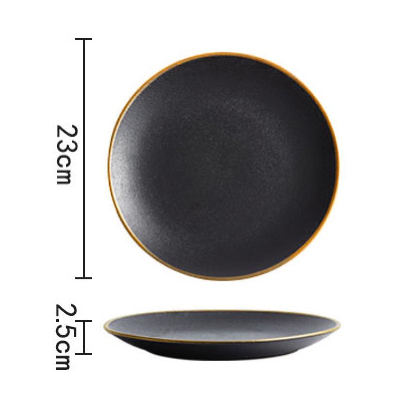 Frosted Black Ceramic Dinner Plate with Gold Border Round Steak Plate Hotel Restaurant Tableware Set Kitchen Utensils Porcelain