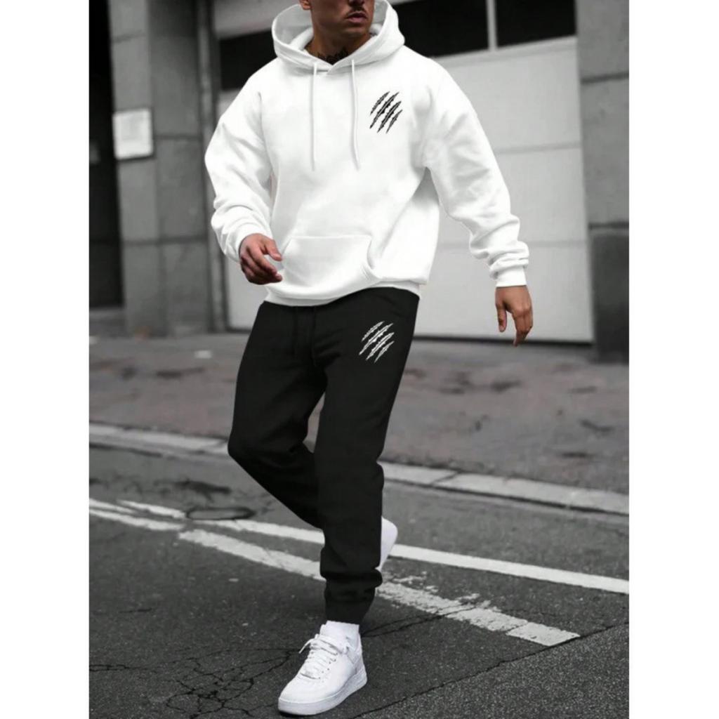 Men's Casual Solid Color -printed Sweatshirt Set, Men's Fleece Hooded Drawstring Sweatshirt And Sweatpants Two-piece Set