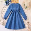 Girls' Lace Trim V-neck Waist-Cinching Long-sleeved Dress for Autumn