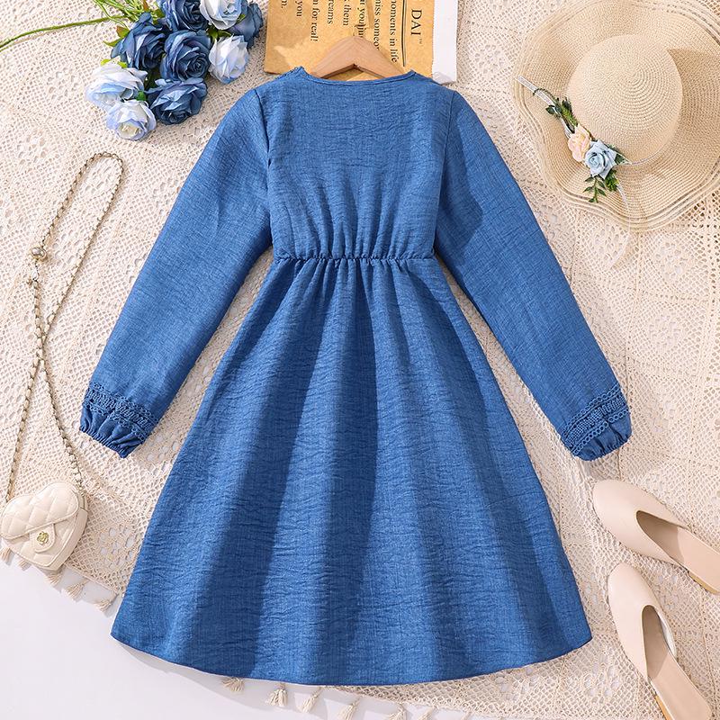 Girls' Lace Trim V-neck Waist-Cinching Long-sleeved Dress for Autumn