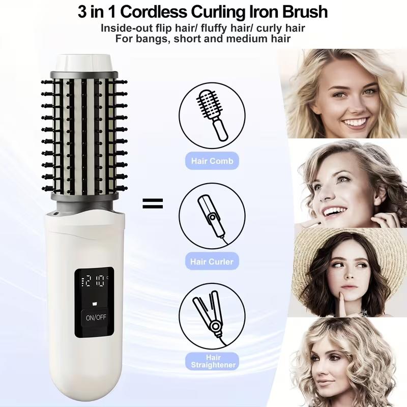 Cordless Hair Curling Iron Brush Usb Rechargeable Travel Heated Round Brush 2-In-1 Electric Hair Curling Wand Styling Tools