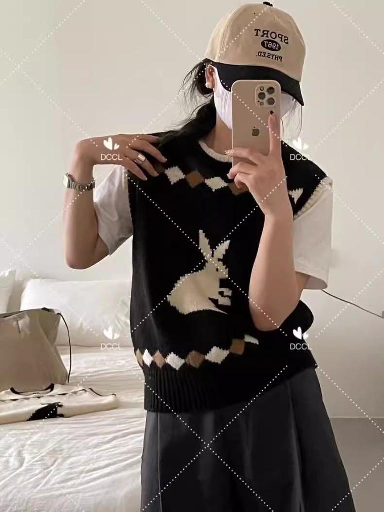 Women's Japanese Retro Diamond Rabbit Knit Vest - College Style Cardigan for Spring & Autumn