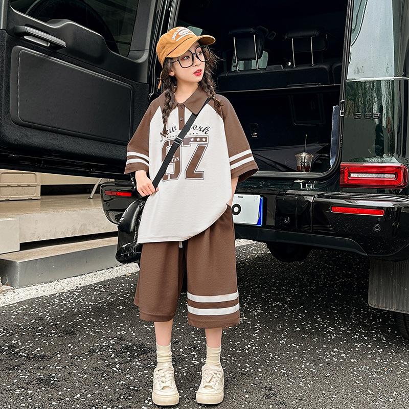 

Summer Casual Girls Contrast Striped Children s T-Shirt Tops+Short Pant Sets School Kids Tracksuit Child 2PCS Outfit 5-16Yrs 170