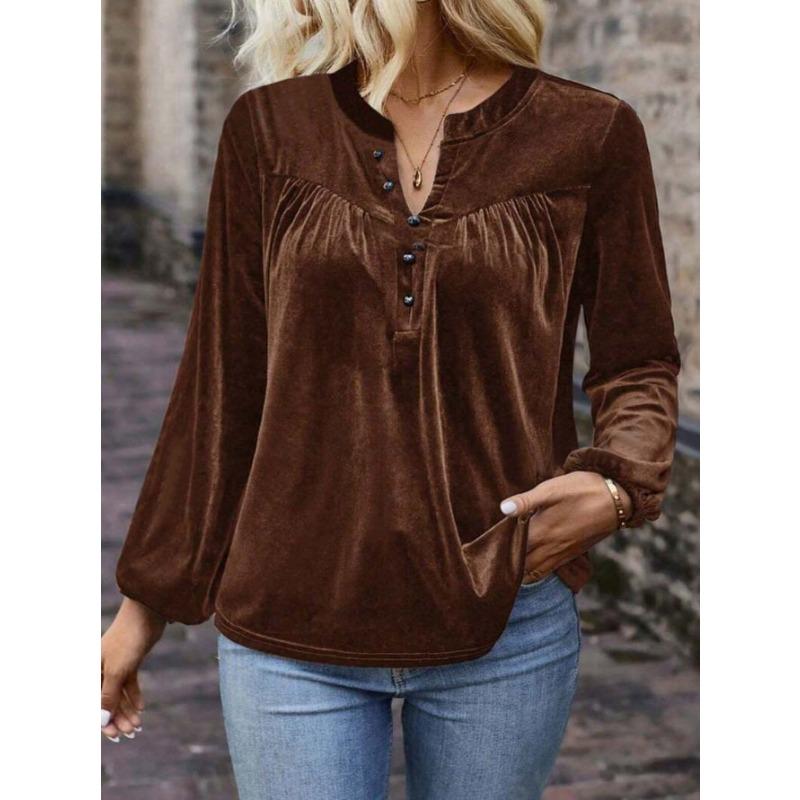 Spring Autumn V-neck Vintage Loose Casual Blouse Women Solid Color Lantern Long Sleeve Pullover Shirt Top