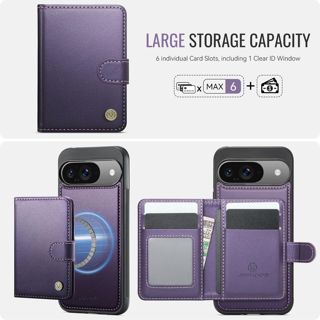 For Google Pixel 9 Pro/Google Pixel 9 Case JEEHOOD J09 RFID Blocking Card Holder Leather Back Phone Cover Magnetic Case