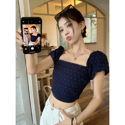 French Style Square Neck Short-sleeved T-shirt for Women Summer Jacquard Slim-fitting Short Crop Top
