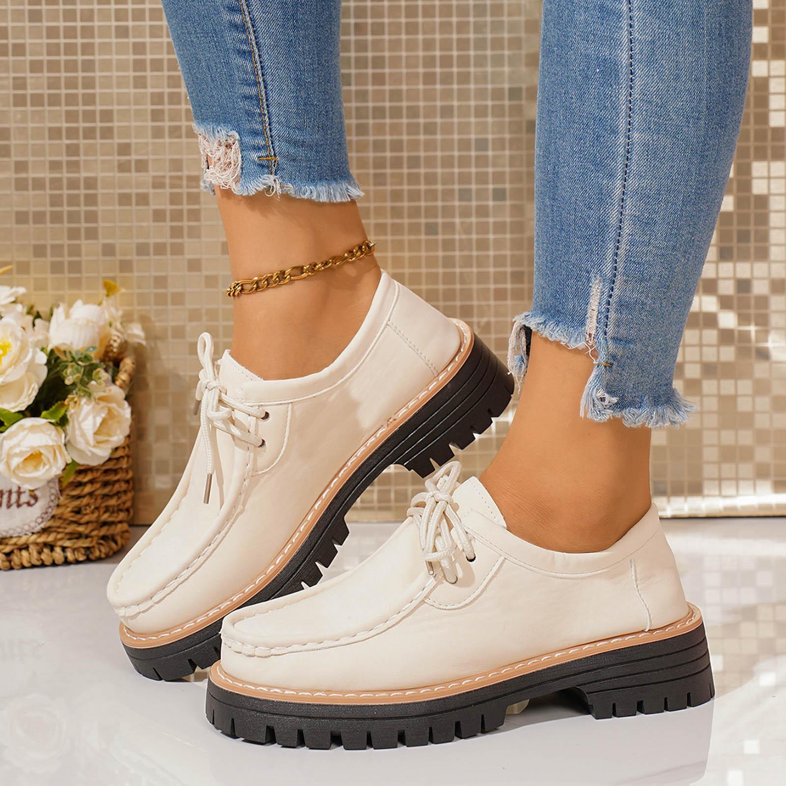 Женские мокасины на толстой подошве со шнуровкой Модные и повседневные Замшевые Низкие с круглым носком Повседневная обувь Повседневная деловая обувь для женщин 36 белый 3280₽