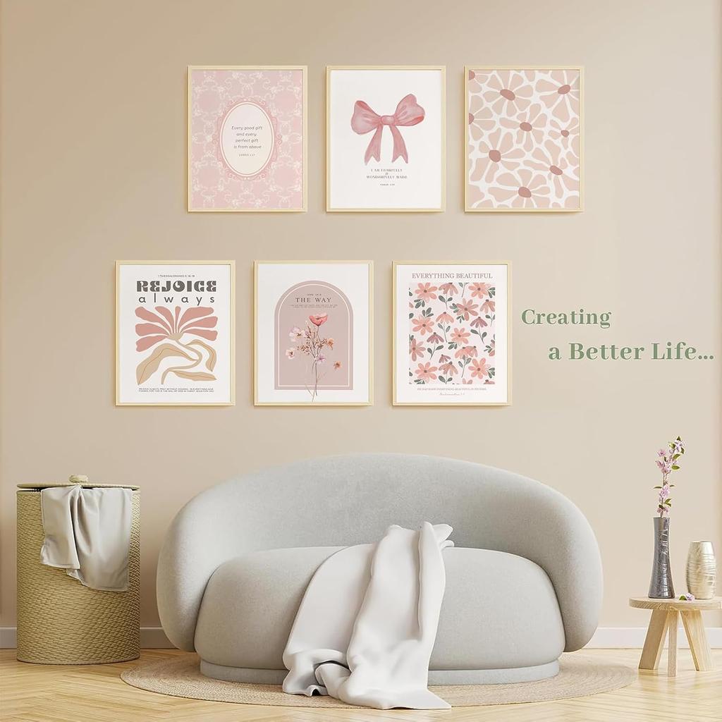 QQG Christian Wall Art Prints Set of 6 Pink Bible Verses Pictures Wall Decor Boho Floral Scripture Gallery Prints Girly Coquette Bow Aesthetic
