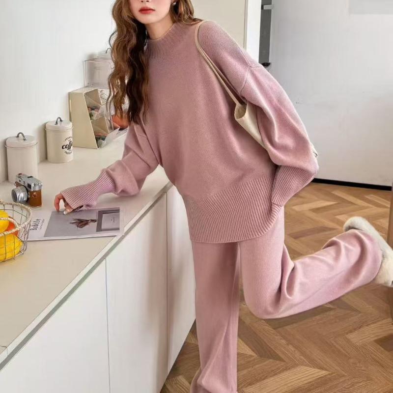 Semi-turtleneck knitted sweater wide-leg pants set women's solid color lazy wind large size loose sweater women's two-piece set