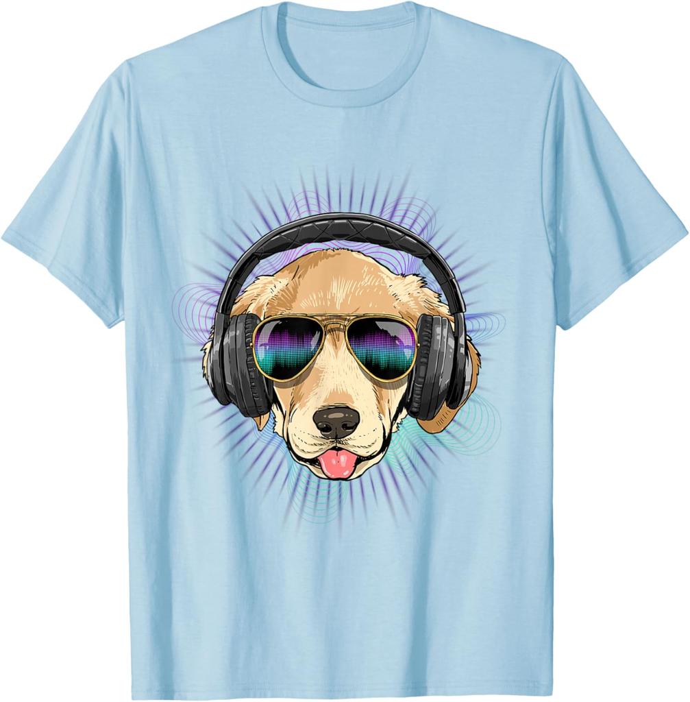 Cool Golden Retriever DJ Music Lover Graphic Tee Breathable Cotton Casual Trip T-Shirt