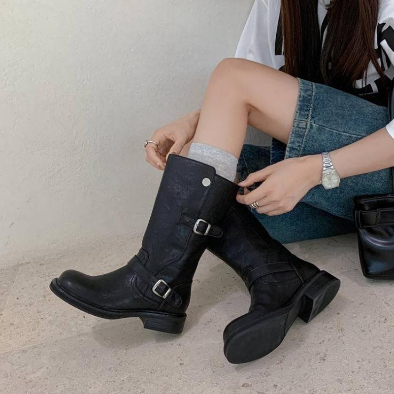 Autumn and winter women's leather boots leather large size medium heel thick bottom non-slip versatile high boots sleeve cowhide knight boots women