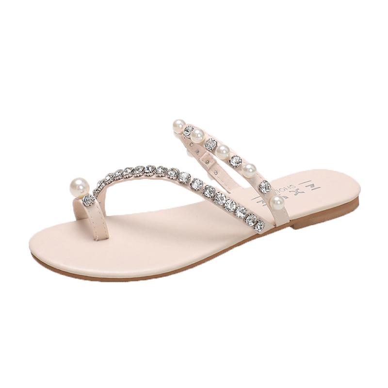 

2024 Новые модные женские тапочки, летняя однотонная верхняя одежда с кристаллами, бисером, квадратным корнем, с открытым носком, женская обувь, удобная 35