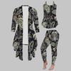 Plus Size Distressed Floral Print 3 Piece Outfit, Long Sleeve Open Front Cardigan Cami Top Leggings Set for Women