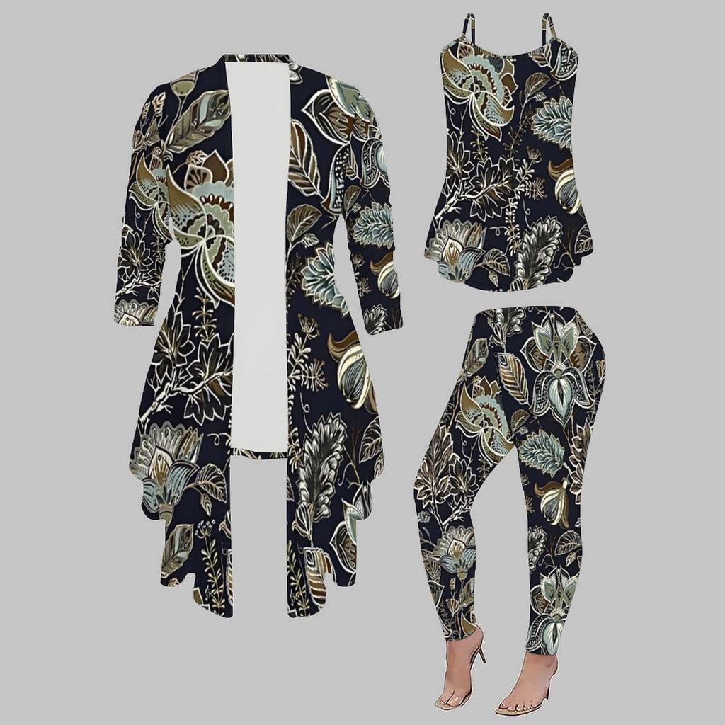 Plus Size Distressed Floral Print 3 Piece Outfit, Long Sleeve Open Front Cardigan Cami Top Leggings Set for Women