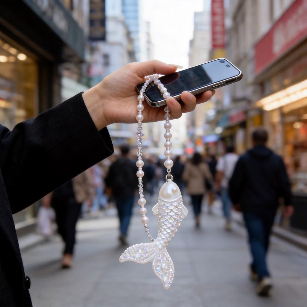 Pvc Fish Tail Pearl Mobile Phone Chain With Water Water Crystals For Fashion Accessories