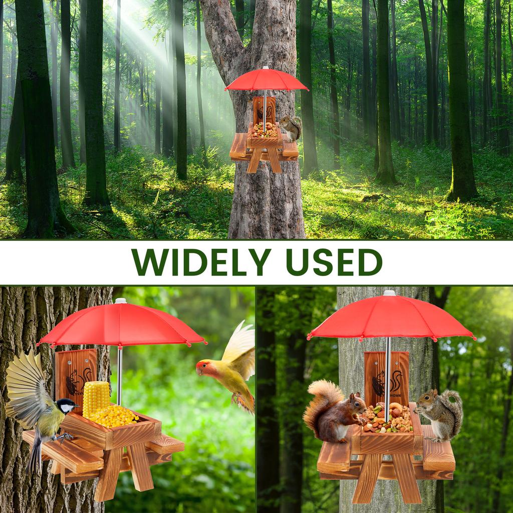 Wooden Squirrel Feeder Outdoor Squirrel Picnic Table With Tall Umbrella and Corn Cob Holder Multi-role Bird Feeder Garden Decor