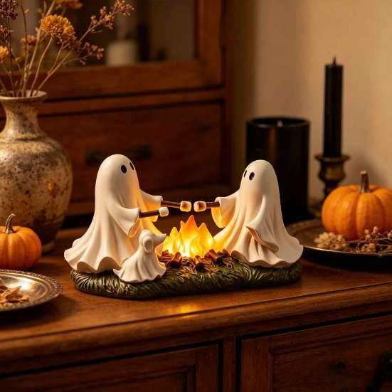 LED Light Up Bonfire Statue Ghost Roasted Marshmallows Ornament, Durable Resin Cute Halloween Desktop Ornament for Fireplace Craft, Decorative