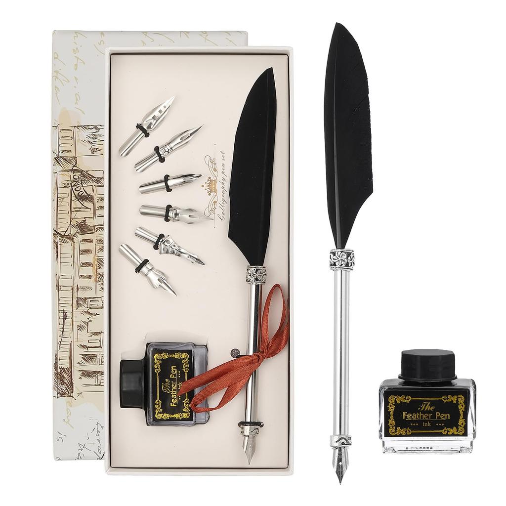 PATIKIL Carving Pen Set Vintage Quill Pen and Ink Set with 6 Replacement Nibs for Calligraphy Writing Office Dip Pen Wedding Gift Black 21.5cm/8.5"