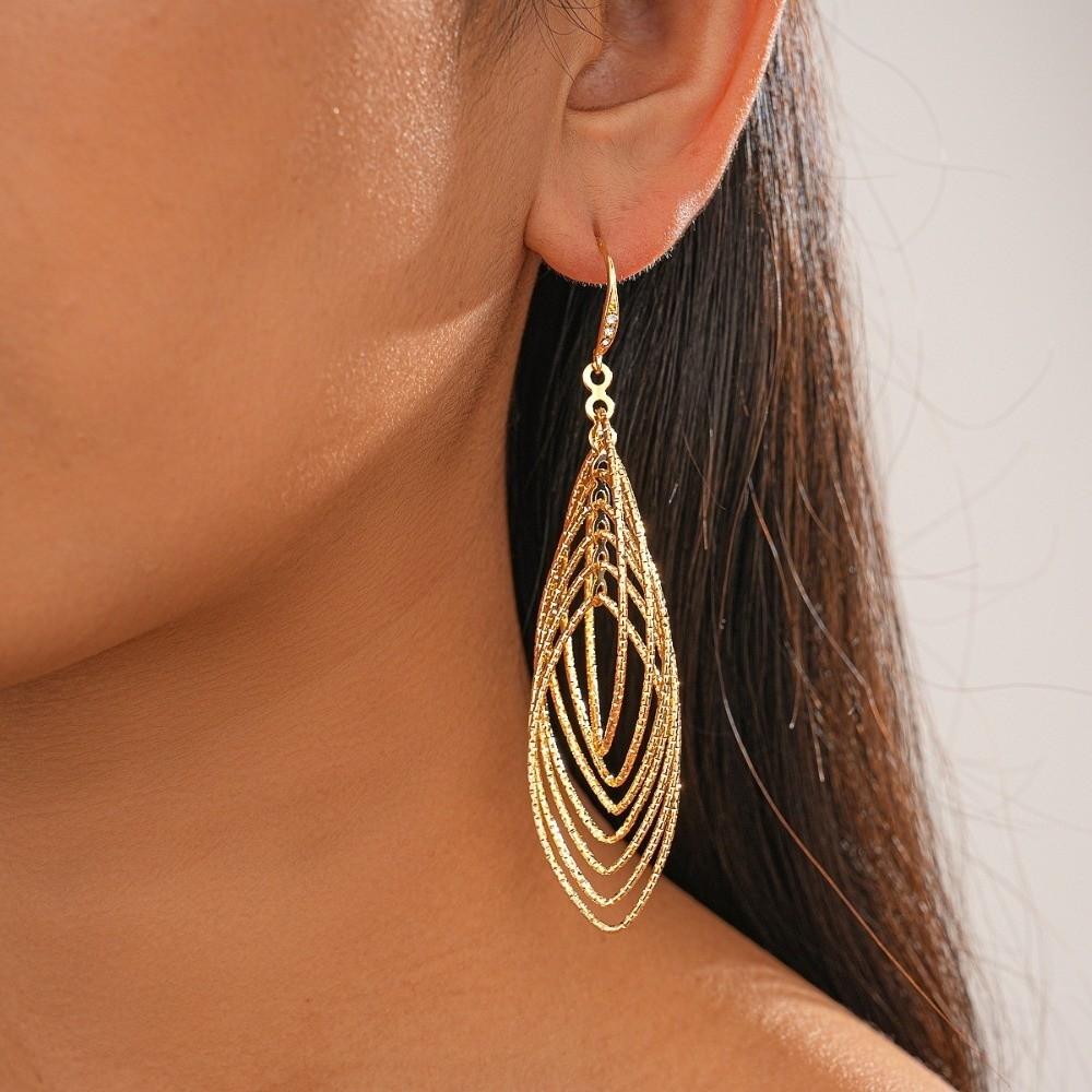 Oval Hollow Metal Hollow Earrings Gold Silver Ear Clip Trendy Long Tassel Dangle Earrings Party