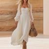 2026 European and American Bohemian Ivory White Pleated Chiffon Long Dress, Square Neck Long Sleeves, Waist and Thin Holiday Long
