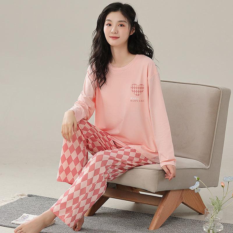 Pajamas With Chest Pads Women'S Pure Cotton Long-Sleeved Round Neck Pullover Loungewear Can Be Worn Outside