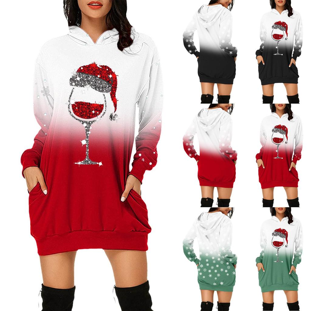 Women's Fashion Christmas Printed Pockets Long Sleeve Hoodies Pullover Dress