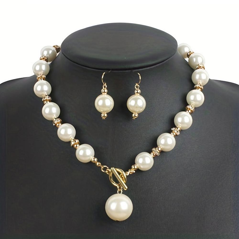 

1pcs Light Luxury Gold Imitation Pearl Earring Necklace Set, High-End Clavicle Chain Fashionable Women S Style белый