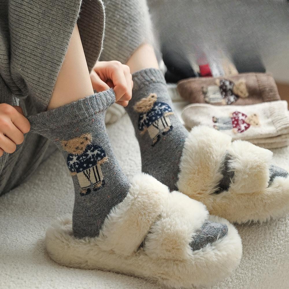 Chaussettes en laine épaisses et chaudes, Chaussettes mi-mollet Ours, Chaussettes en laine bouclette à fil moucheté, Chaussettes style écolière pour filles