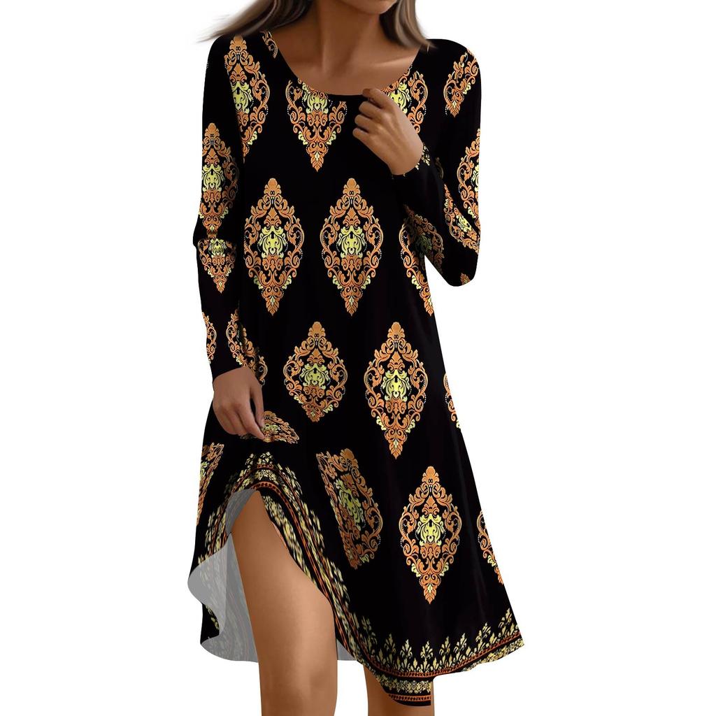 Long  Sleeve Dress For Women Casual Loose Fit Print Dress With Pockets