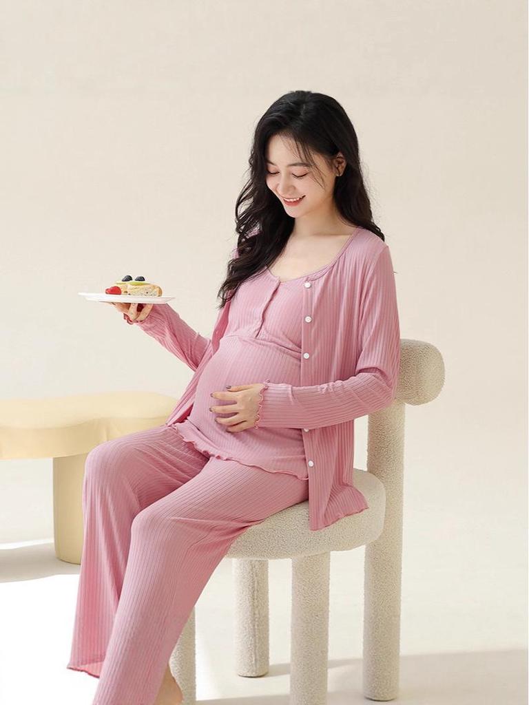 Modal Maternity Pajamas: 3-Piece Autumn Set with Breast Pads, Postpartum Nursing, Belly Comfort, Summer Wear.