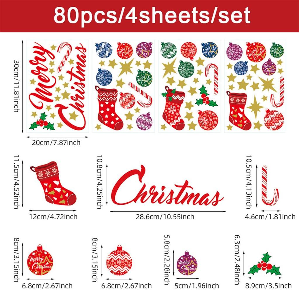 Christmas wall stickers featuring Christmas candy and removable wallpaper for interior Merry Christmas decor for living and balls, canes, socks,