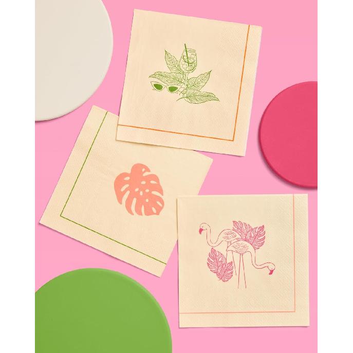 xo, Fetti Beige Tropical Vacation Napk - 3-ply, 24 pcs | Bachelorette Cocktail Napk, Palm Tree Dinner Party Setting, Miami Birthday Decoration, Cute